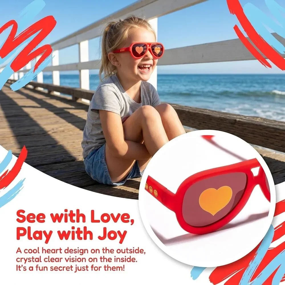Kids Red Pilot Polarized Sunglasses Heart Lenses Flexible G850 Frame
